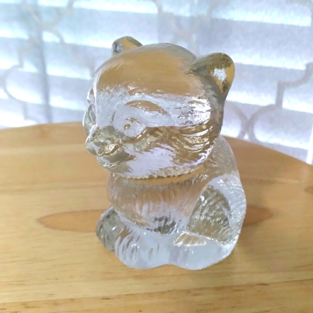 Vintage Clear Glass Sitting Cat Figurine/Paperweight Textured Iridescent 3"